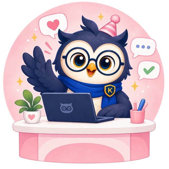 Original illustrated Kugi owl with glasses and its blue K scarf waving behind a laptop with chat bubbles.