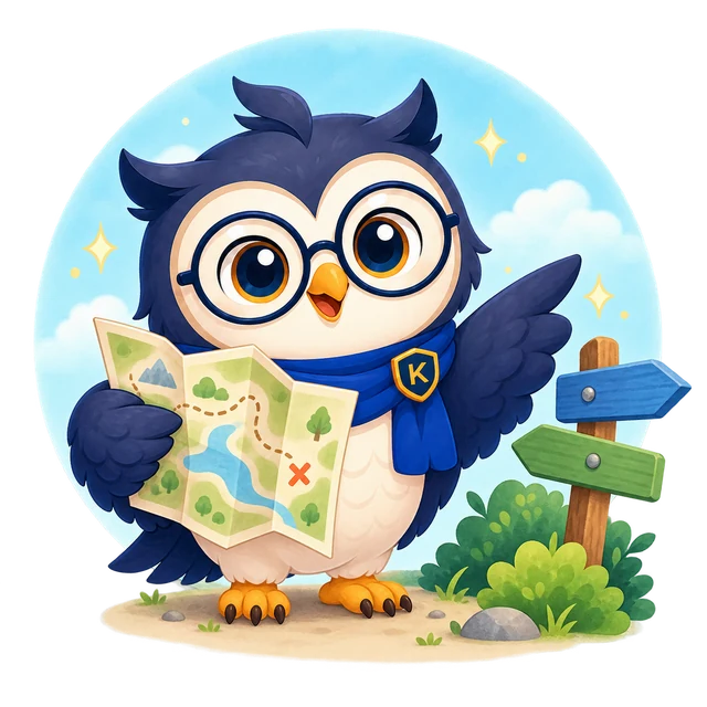 Original illustrated Kugi owl with round glasses and its blue K scarf holding a map beside a direction signpost.
