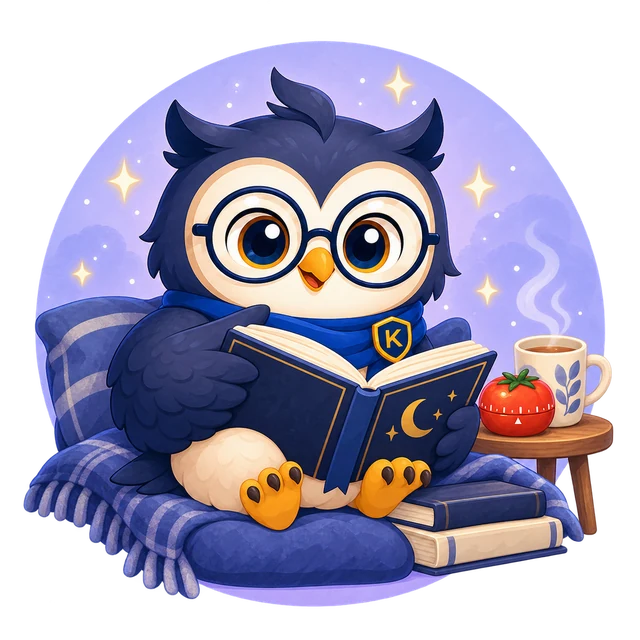 Original illustrated Kugi owl with glasses and a blue scarf reading beside a tomato timer and tea.