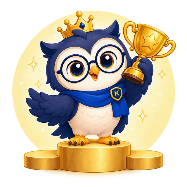 Original illustrated Kugi owl with glasses and a blue scarf wearing a crown and raising a trophy on a podium.