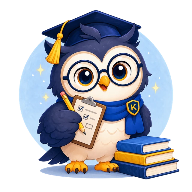 Illustrated Kugi owl with round glasses and its blue K scarf, wearing a graduation cap and holding an exam clipboard beside study books.