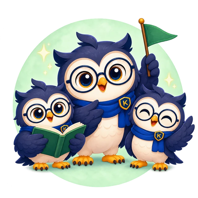 Three original illustrated Kugi owls with glasses and blue K scarves studying together, with a book and green flag.