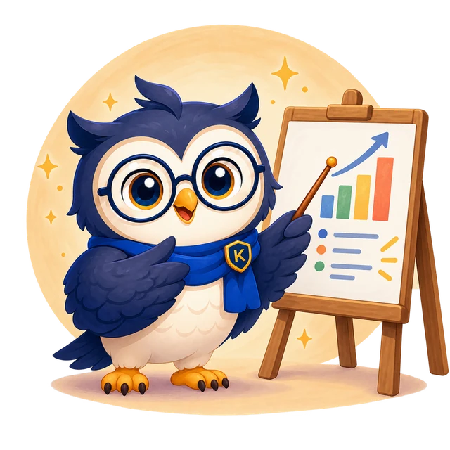 Original illustrated Kugi owl in its glasses and blue K scarf teaching beside a lesson chart.