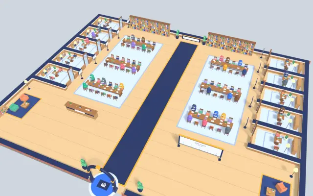 Overhead view of the Kugi World Study Hall: long study tables, bookshelves and a row of pair rooms.